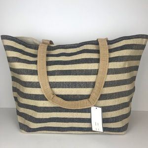 NEW Burlap Beach Tote Bag w/blue nautical stripe